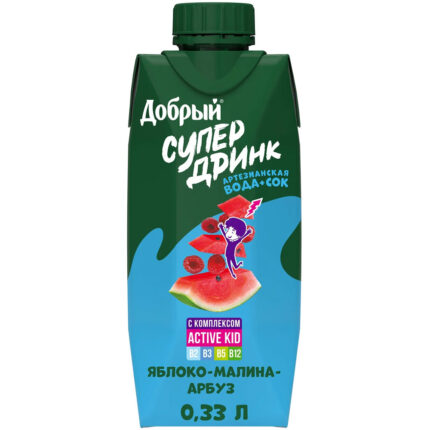 Напиток сокосодержащий Добрый Супер Дринк яблоко-малина-арбуз, 0.33 л