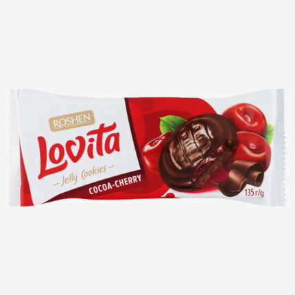 Сдобное печенье Lovita Jelly Cookies с желейной начинкой какао + вишня 135гр